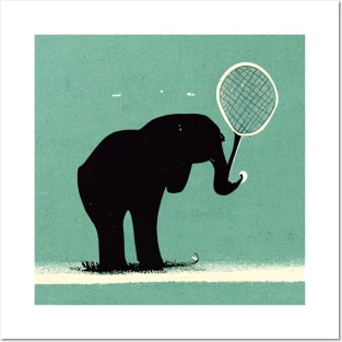 An elephantin silhouette playing tennis with his racket. Posters and Art